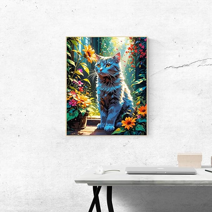 Cat Paint By Numbers Kit For Adults Canvas Cats Sunflower Adult Paint By Number Kits For Beginner DIY Easy Cat Garden Flower Oil Painting Adults' Paint-By-Number Kits Home Room Decor Gift 16x20 Inch