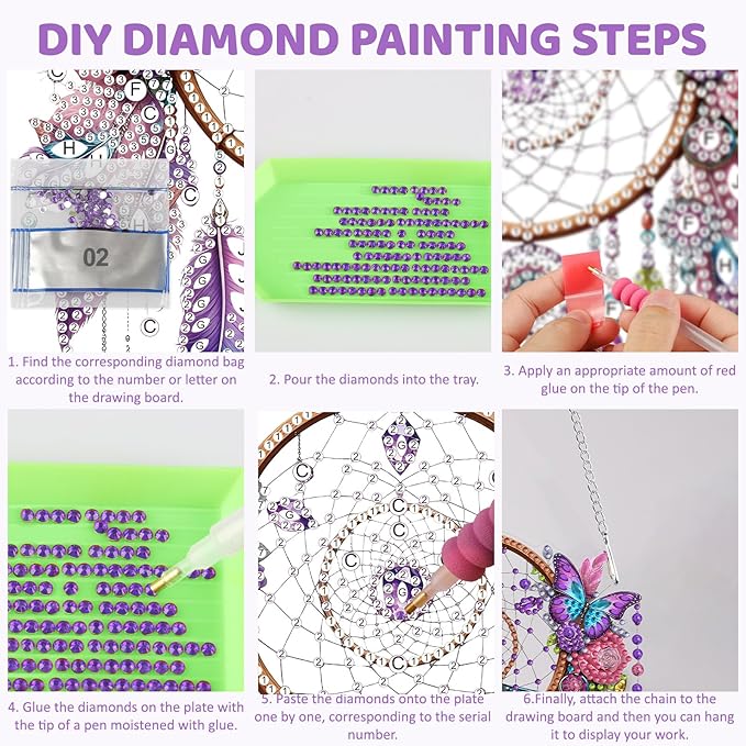 MEIYUDA Dreamcatcher Diamond Art Hanging Kits for Adult, Pink Dreamcatcher Diamond Painting Hanging Kits Ornaments, DIY Special Shaped Rhinestone Window Pendants kit for Home Garden Wall Decor Gift