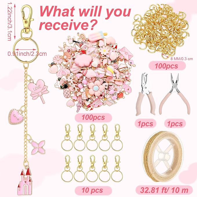 VioraWhite 213 Pcs Valentines Lip Gloss Keychain Making Kit 100 Pink Enamel Charms 32.81 ft Gold Chains for Galentines DIY Crafts Women(Elegant)