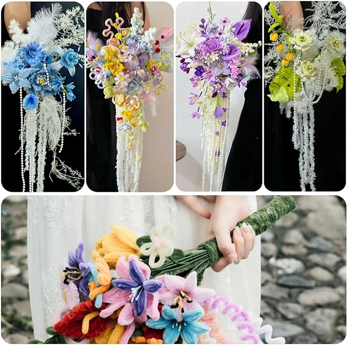 NafuXiaJJia 600 Pcs 6-Coloured Flower Stamens for Crafting,200 Pcs Pearls and 1 Roll Fluffy Yarn for Pipe Cleaners Crafting,Bouquet Accessories,Pipe Cleaner Flower Kit