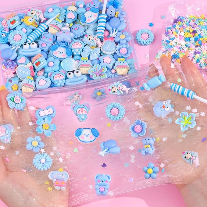 100PCS Blue Slime Charms Cute Flatback Resin Charms for Slime, Random Kawaii Decoden Charm for Embellishments Phone Junk Case Charms Bulk, Hairpins Scrapbooking Crafting & DIY Decoration