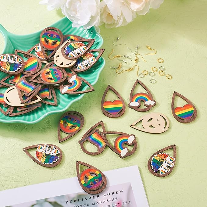 Beadthoven 20 Pairs DIY Gay Pride LGBT Wood Dangle Earrings Making Starter Kit Lesbian Big Wooden Rainbow Charms Pendant Pride Parade Supplies Earring Hooks Jump Rings for Jewelry Making