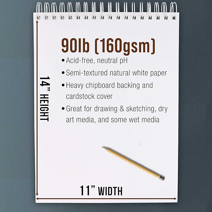 u.s. art supply 11”x14 premium heavy-weight paper spiral bound sketch book: 90 pound (160gsm), 30-sheet drawing pad (2 pack)