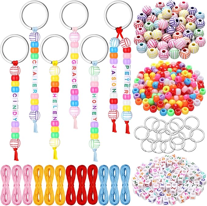 Landical 564 Pcs DIY Bead Keychain Kit Key Chain Making Craft Adjustable Letter Beads String Mama Sport Gift Alphabet Jewelry Backpack Accessories Holiday Party Favor (Volleyball,Vivid Color)