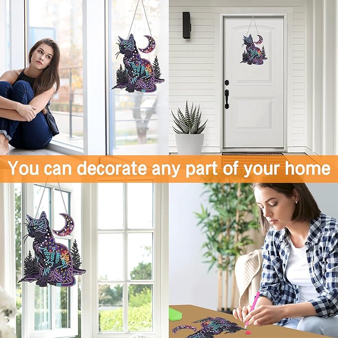 Ginfonr Diamond Painting Kits Hanging Pendant, Black Cat Diamond Art Kits for Adults, Special Shaped Rhinestone Animals Diamond Art, Double Sided Home Hanging Kits for Garden Wall Window (8 x 8inch)