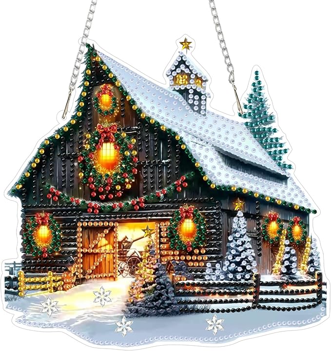 SENQAO Farmhouse Diamond Art Hanging Kits for Adults Kids, Christmas Diamond Art Suncatchers, 5D Special Shape Diamond Painting Pendant Window Ornament Gifts for Home Garden Door Wall Decor