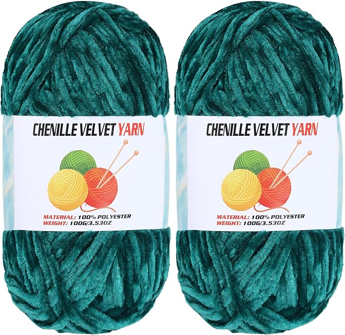 2 * 100g Velvet Chenille Chunky, Handcrafts Weaving Soft Chenille Yarn for Crocheting Clearance, Used for Making Baby Yarn Blanket, Clothes, Knitting Creations (Dark Green)