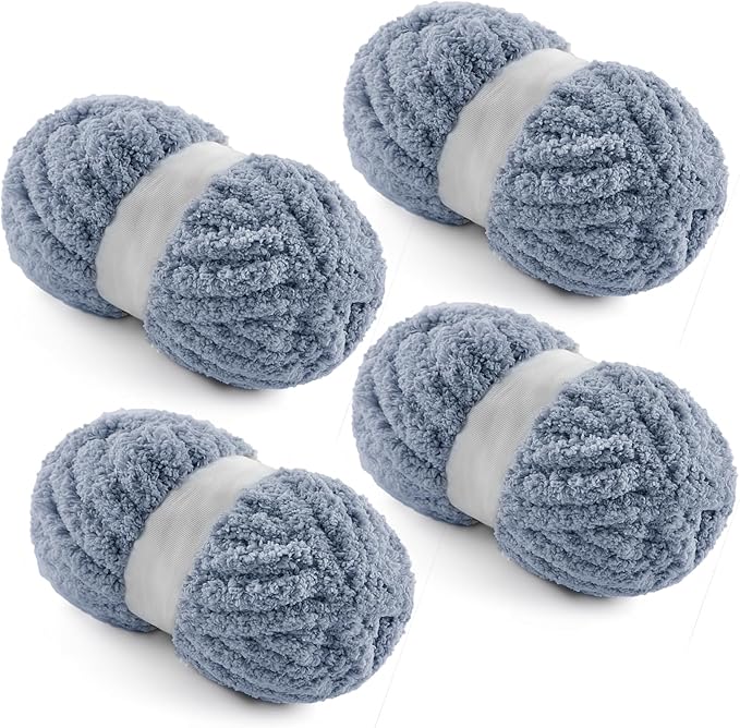 4 Pack Chunky Yarn for Hand Knitting - Chunky Chenille Blanket Yarn for Crocheting - Jumbo Fluffy Yarn for Crochet - Super Bulky Yarn 25 yds 7.7 oz Each Skein (Blue Gray)