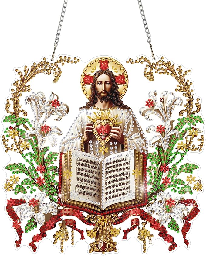 DOMROM Jesus Diamond Art Hanging Kits for Adults Beginners, Special Shaped Crystal Diamond Painting Jesus Pendant, DIY Diamond Art Suncatchers Christmas for Home Garden Wall Decor Gift