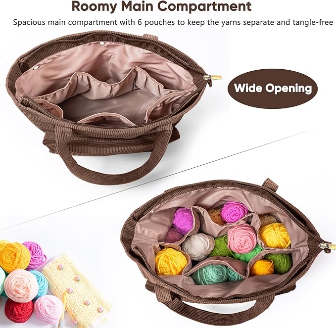 Large Yarn Tote Organizer – Corduroy Knitting Storage Holder for Yarn, Hooks & Accessories, Portable Craft Carryall for Crocheting Lovers, Mother’s Day Gift