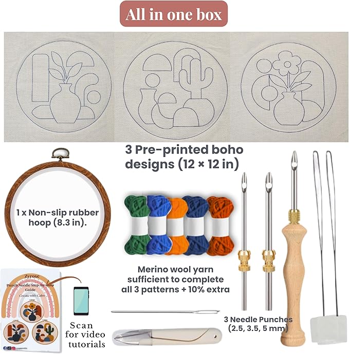 Zyrose Punch Needle Kit for Beginners – Modern Embroidery Kit with Printed Fabric, Non-Slip Hoop, Merino Yarn, 3 Needles – Boho Craft Kit for Adults & DIY Gifts (Boho Abstract)
