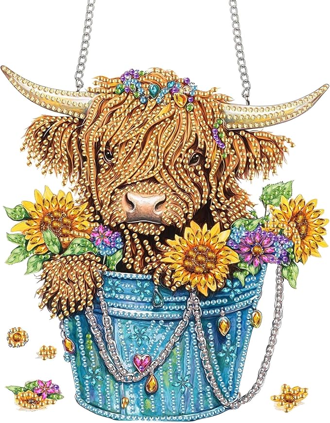 Bimkole Highland Cattle Diamond Art Hanging Kit for Adult, DIY 5D Sunflowers Diamond Painting Window Pendant, Acrylic Crystal Art Hanging Ornament for Wall Home Garden Front Door Decor - 7.8x7.8 Inch