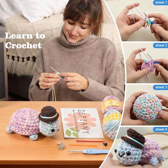 Zepiany Crochet Kit for Beginners, Amigurumi Beginner Crochet Kit for Adults, Crochet Turtle Crocheting Kit, Cute Crochet Animals Knitting Kit with Step-by-Step Video, Crafts Kits for Adults