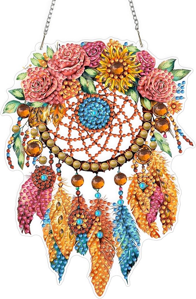 QENSPE Diamond Painting Art Hanging Kits for Adults, 5D Special Shape Diamond Paingting Ornaments with Chain, DIY Dreamcatcher Crystal Window Pendants for Home Wall Decor Double Sided Gifts 8X8 inch