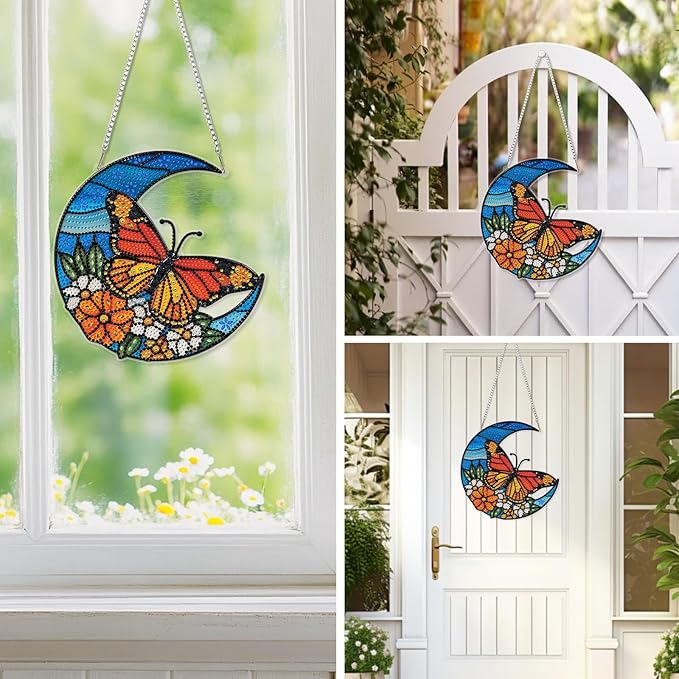 EOBROMD Diamond Hanging Art Kits for Adults Butterfly, Diamond Art Painting Moon Window Pendant Kits Suncatchers, DIY Special Shaped Rhinestone Adults, Home Wall Decor