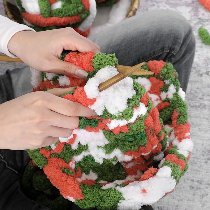 HOMBYS Chunky Tie Dye Mix Chenille Yarn for Hand Knitting, Super Bulky Jumbo Yarn for Crocheting, 3/4" Thick Soft Plush Yarn for Blankets, 8 Skein Pack (26 yds / 7.5 oz Each) Red Green White