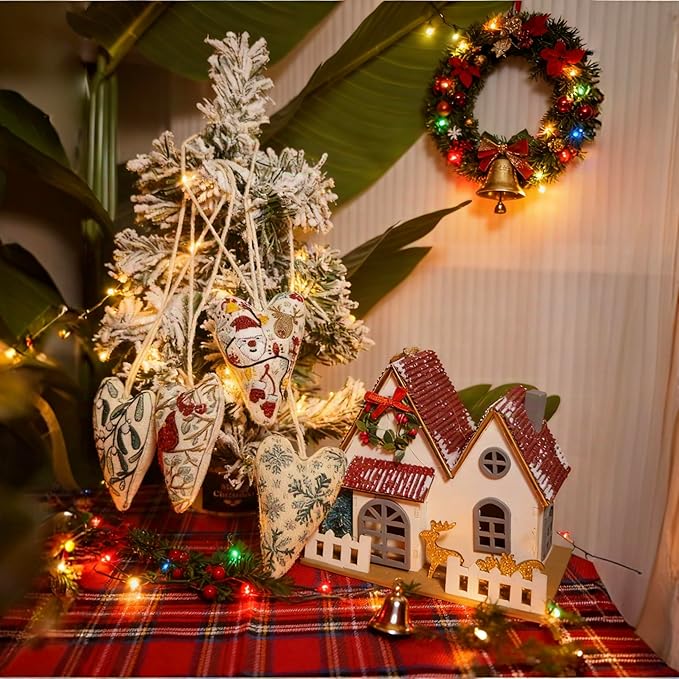 GDGJWL DIY Heart Shaped Hand Embroidered Christmas Ornament Kit Complete Craft Set with Pre-Printed Fabric Embroidery Thread Holiday Cross Stitch Decor for Beginners Adults and Home Decor (DIY)