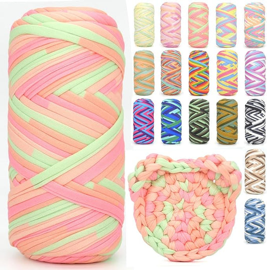 Tshirt Yarn for Crocheting,Rainbow T Shirt Chunky Elastic Fabric Thick T-Shirt Crochet Yarn for Beginners Crocheting Hand Knitting Bag/Basket/Coasters/DIY Crafts/Home Decor 200G-Pink Green