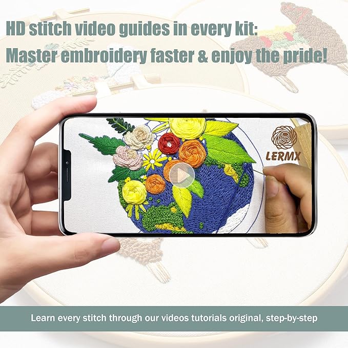 lx lermx embroidery kits for beginners, adult starter cross stitch kit needlepoint complete diy kit with unique patterns, hoop, colorful threads, tools, step by step instructions & video tutorial