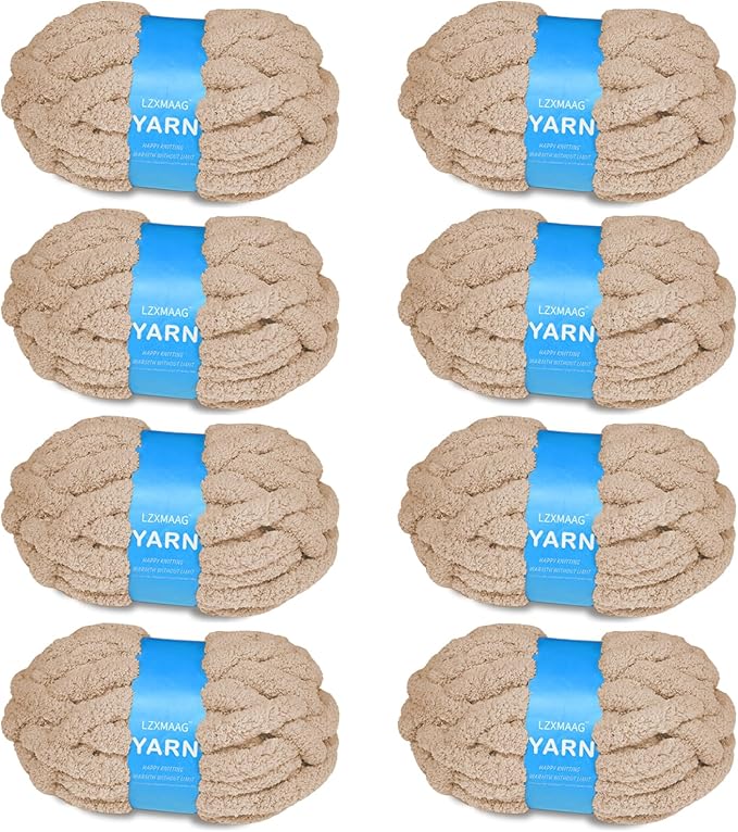 Chunky Yarn for Hand Knitting and Blankets – Super Soft Jumbo Chenille Yarn Pack for Crocheting, Bulky DIY Projects, 8 Skeins(Khaki)