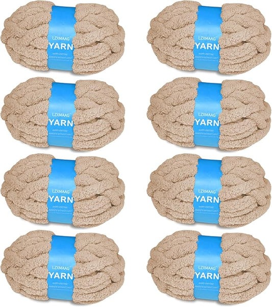 Chunky Yarn for Hand Knitting and Blankets – Super Soft Jumbo Chenille Yarn Pack for Crocheting, Bulky DIY Projects, 8 Skeins(Khaki)
