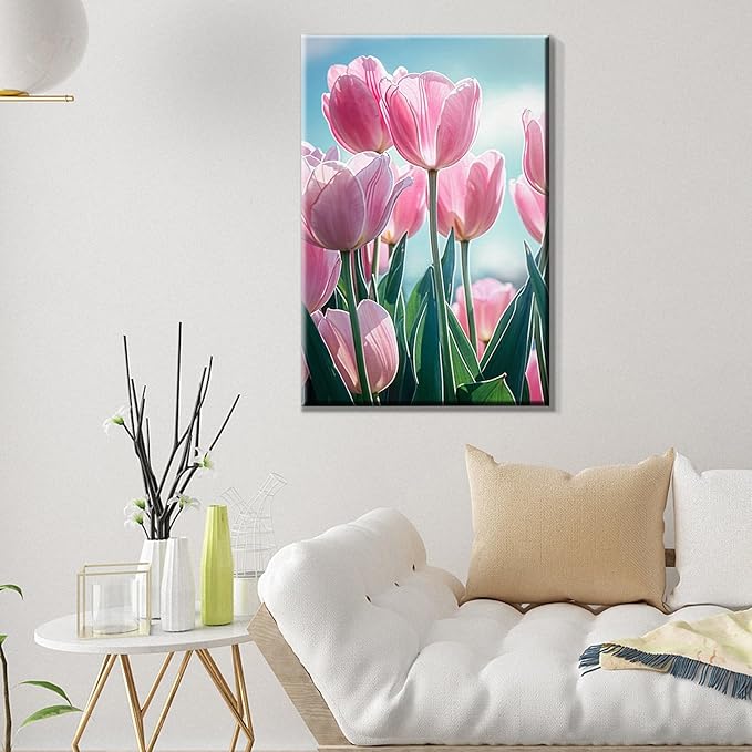 ATDMS Paint by Numbers Kit for Adults with Frame DIY Flowers Paint by Number with Easel Tulips Acrylic Oil Painting Kits for Wall Hanging Home Room Decor 7.87x11.81 Inch