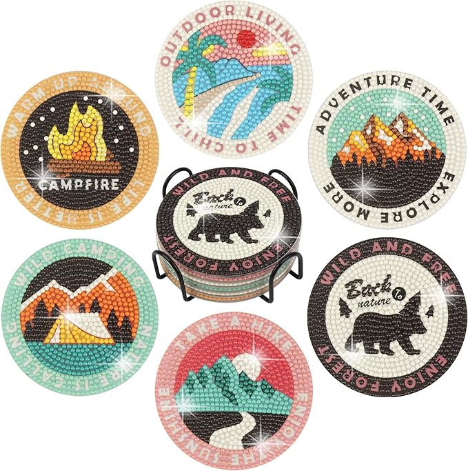 Temlum 6 Pcs Diamond Painting Coasters with Holder, DIY Outdoor Camping Coasters Diamond Art Kits for Beginners, Adults Small Diamond Painting Art Craft Supplies