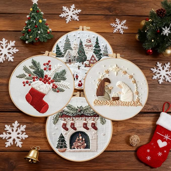 tpzbwg christmas embroidery kit, 4 pack cross stitch kits,diy embroidery starter kit for adults & beginners, diy needlepoint kit with embroidery hoop thread needle for craft lover birthday gifts 2