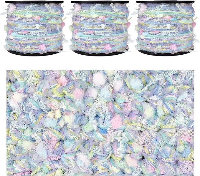 Artisanal Yarn Collection Multifiber Fancy Yarn with Micro Silver Sequins for Knitting Crocheting Crafts DIY, Set of 3 Rolls (Dreamy Blue)