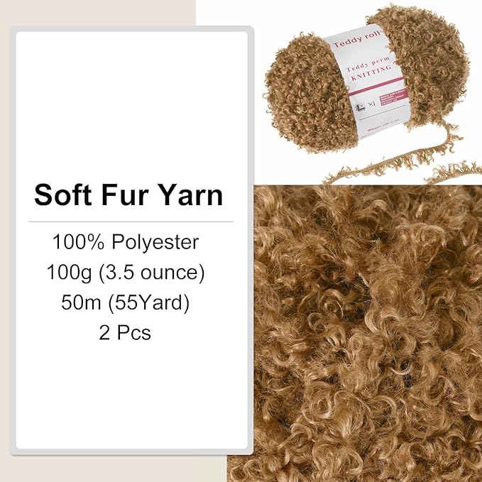 MECCANIXITY 2 Skeins Fur Yarn Soft Fluffy Chunky Yarn Fuzzy Eyelash Yarn Brown for Crocheting Knit Clothes Bag - 55Yard/50m, 3.7ozx2