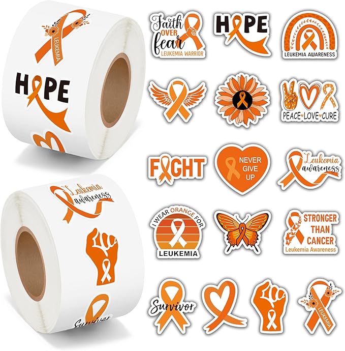 beyumi leukemia awareness orange sticker - 1000pcs in 2 rolls leukemia themed sticker with various shapes waterproof vinyl orange ribbon decals for school event campaign laptop bottle decor kids teens