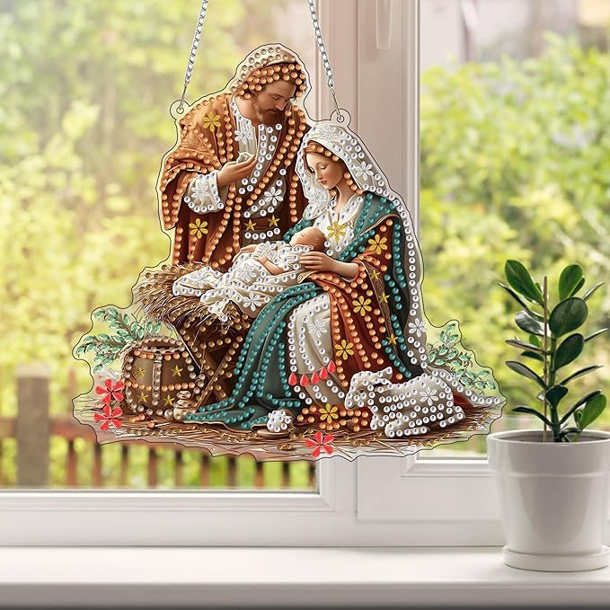 HEIBAGO Nativity Scene Diamond Art Hanging Kits for Adults Kids, 5D Special Shaped Crystal Diamond Painting Kit, DIY Pattern Window Pendant Gem Art Kit for Home Wall Decor 8.3 x 8.3 Inch