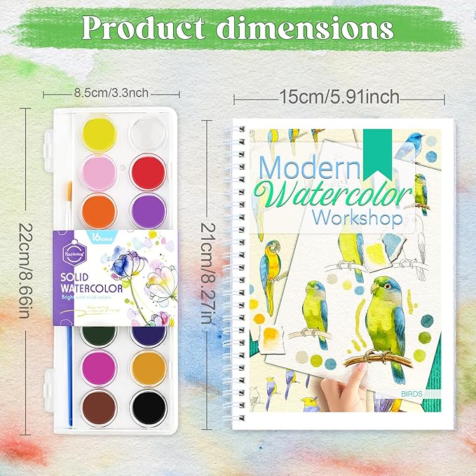 Beginners Watercolor Workbook for Adults -Step-by-Step Coloring Book Set-12 coloring book pages - Includes 16 color blocks and a brush - Professional Watercolor Paper: 300gsm/140lb (Bird)