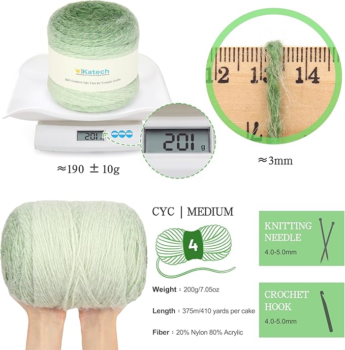 Katech Ombre Yarn for Crocheting-Large Skein of Gradient Yarn Cake-2 Pack of 200g/7.05 oz-80% Acrylic,20% Nylon- #4 Medium-Perfect for Star Blankets, Scarves, Shawls and Garments (E)