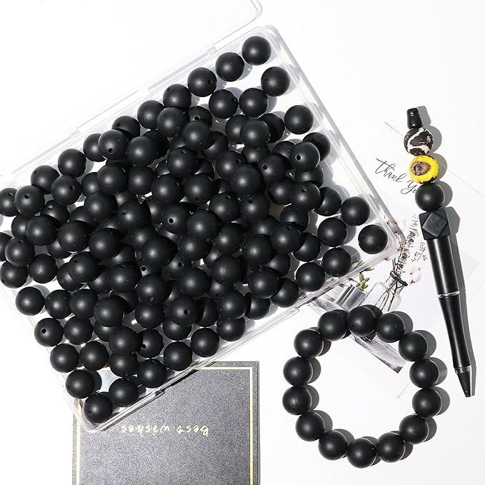 120pcs 15mm Bulk Silicone Beads for Pens, Keychains, Necklaces and Bracelets Making,Assorted Rubber Beads Set (Black)