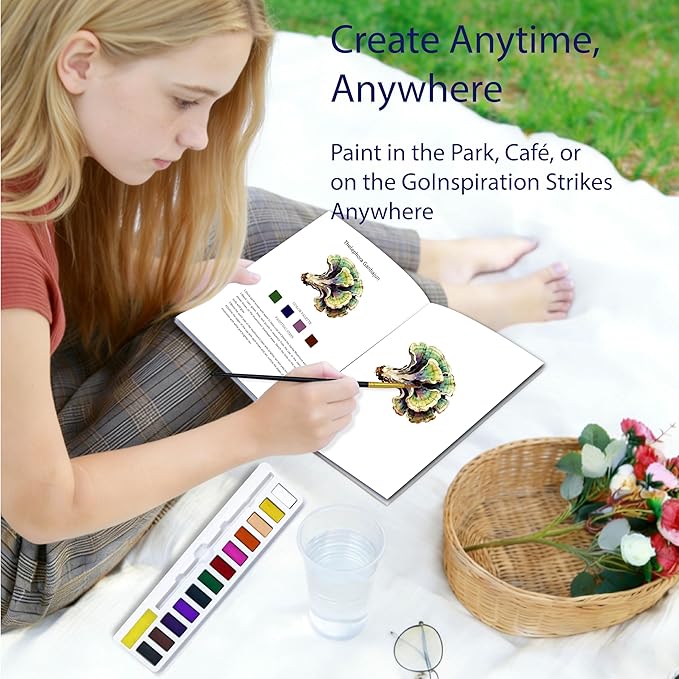 CraftyManor Watercolor Workbook Creative Insect Water Color Paint Book Set with Paints & Brush, 12 Patterns of Original DIY Designs, Beginner-Friendly Adult Coloring Books (Mushroom)