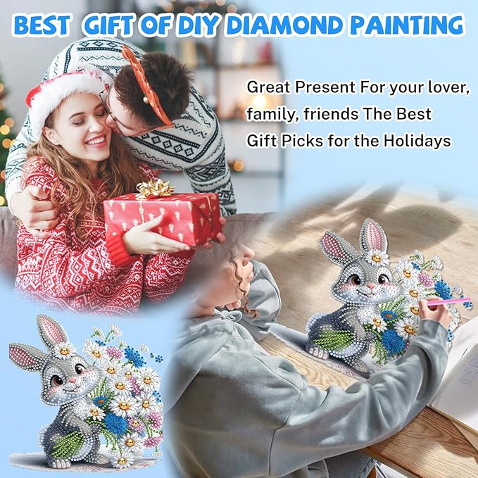 Bowetile Rabbit Diamond Art Hanging Kits for Adults, Diamond Art Suncatchers Bunny, 5D Special Shape Diamond Painting Flowers Pendant Window Ornament Easter Gifts for Home Wall Decor