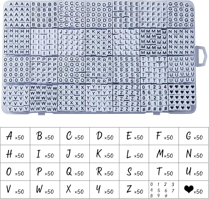 1400pcs letter beads, 6x6 mm acrylic alphabet beads, beads for jewelry and bracelet making, in 28 grid box (white and black)