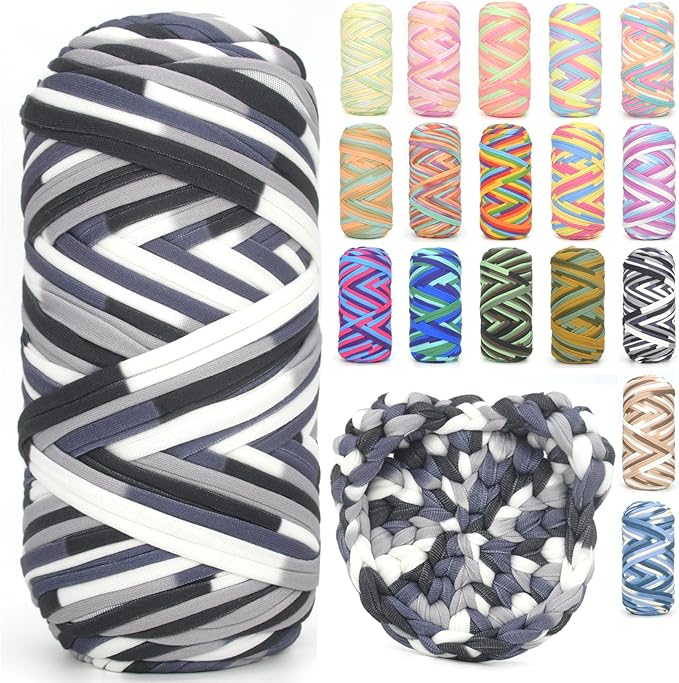 Tshirt Yarn for Crocheting,Rainbow T Shirt Chunky Elastic Fabric Thick T-Shirt Crochet Yarn for Beginners Crocheting Hand Knitting Bag/Basket/Coasters/DIY Crafts/Home Decor 200G-Black White Grey