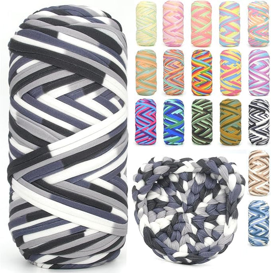Tshirt Yarn for Crocheting,Rainbow T Shirt Chunky Elastic Fabric Thick T-Shirt Crochet Yarn for Beginners Crocheting Hand Knitting Bag/Basket/Coasters/DIY Crafts/Home Decor 200G-Black White Grey