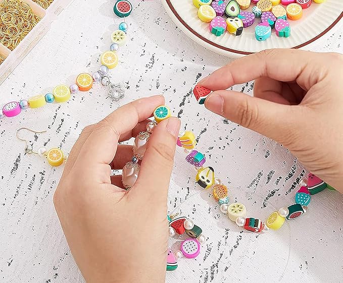 200PCS Colorful Fruit Polymer Clay Beads Kit - 10mm Mixed Fruit Spacer Beads for Jewelry Making DIY Bracelet Necklace