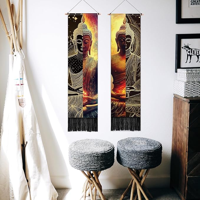 PLIGREAT 2 Pack Buddha Tapestry with Tassels, Vertical Zen Decor Long Narrow Wall Tapestry Meditation Wall Hanging for Yoga Room Bedroom Living Room Dorm Room Home Art Decor, 46" x 13"