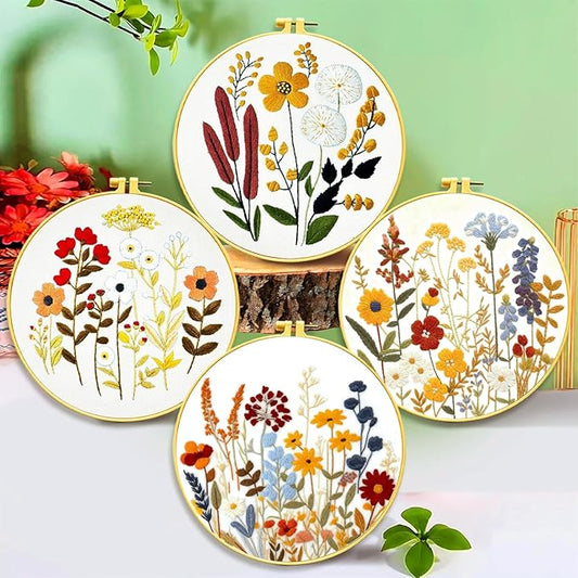 Zhenqing Floral Embroidery Kit - 4 Piece 29x29cm Round Hoop Art Set with Pre-Printed Cotton Fabric, Embroidery Hoop, Threads & Tools for Beginners (C0010)