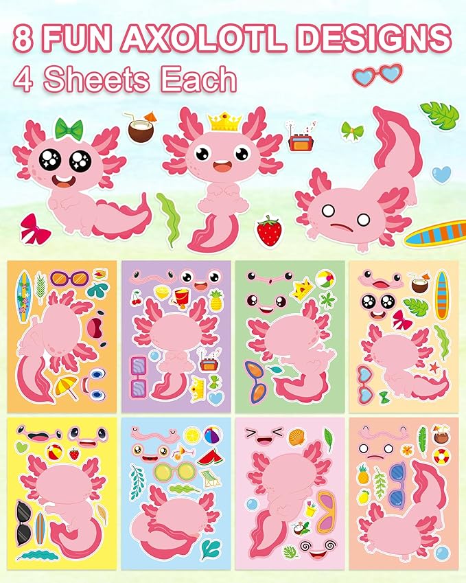 aowplc 32 sheets axolotl make-a-face stickers mix 'n match crafts for kids axolotl party favors & activities