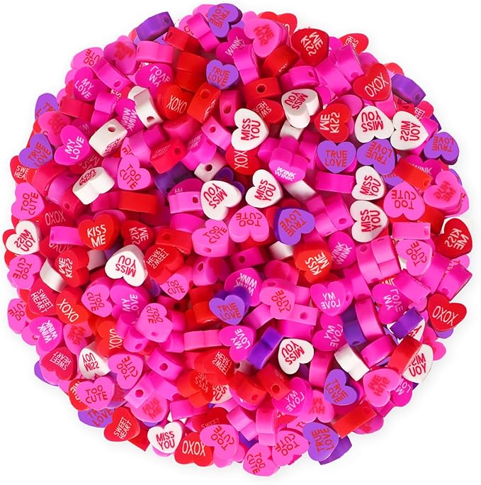 Augshy 300Pcs Conversation Heart Beads,Valentine's Day Polymer Clay Beads for Jewelry Making Bracelet Necklace Making Earrings
