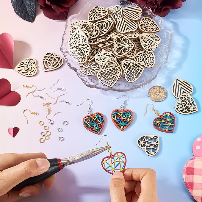 Elecrelive 60pcs Wooden Heart Charms Wooden Earring Blanks Filigree Heart Charms for Valentine's Day DIY Earring Necklace Jewelry Making