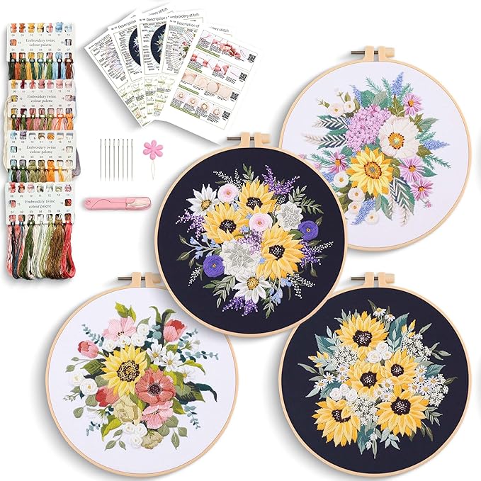 REEWISLY 4set Beginner Embroidery Kit for Adults, 4 Floral Patterns with 2 Hoops, Embroidery Starter Kit with Needles & Floss, Cross Stitch Kits for Beginners, DIY Craft Kit for Handmade Enthusiasts