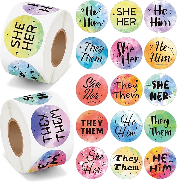 beyumi pronoun round rainbow stickers - 1000pcs pronoun stickers in 2 rolls gender identity label they them he him she her nonbinary decals for home party conference badges parades events decoration
