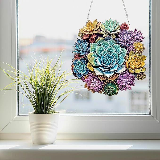 SENQAO Mandala Diamond Art Hanging Kit for Adult, Special Shaped Rhinestone,DIY Acrylic 5D Diamond Art Painting Window Pendants Home Garden Wall Hanging Kits Hanging Ornament（Mandala Succulent Plants）
