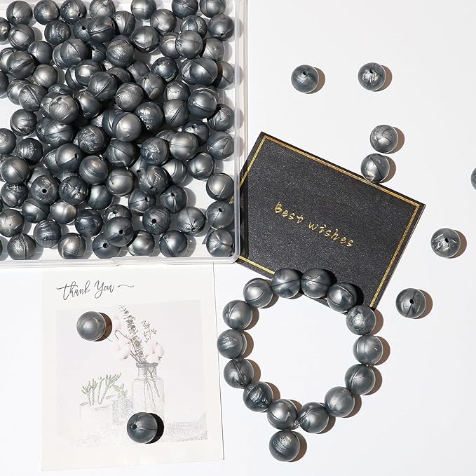 120pcs Richbunnys 15mm Bulk Silicone Beads for Pens and Keychain Making,Large Bead for Necklace and Bracelets Making,Assorted Rubber Beads Set（Pearlescent Silver）